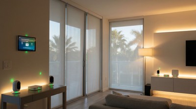 Florida home interior with smart home devices and automated lighting suggesting vacation security mode