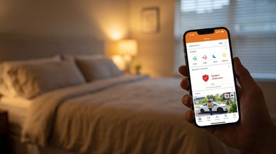 Phone showing Goodnight scene activating in a Florida bedroom
