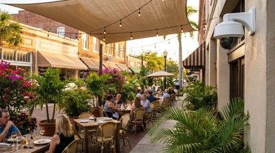 Commercial security camera overlooking a downtown Sarasota restaurant patio