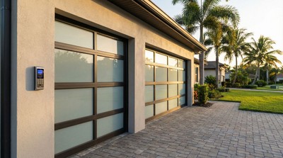 Modern garage door of a Florida home with smart opener