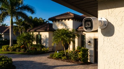 Upper-middle-class Sarasota residential street with professional security camera