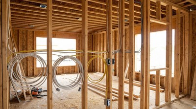 New construction interior showing low-voltage security wiring being installed before drywall
