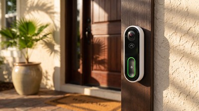 Alarm.com video doorbell at the front door of a Sarasota family home
