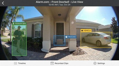Alarm.com doorbell camera AI analytics detecting person, package, and vehicle