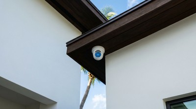 Security camera professionally installed under the eave of a modern Florida home exterior