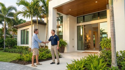 Dehart security representative greeting homeowner at front door of Florida home
