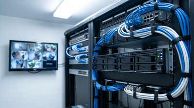 Commercial network video recorder and on-site storage in a Florida business equipment rack