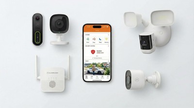 Alarm.com product ecosystem with cameras, doorbell, and app on phone