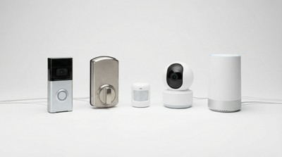 Smart home security devices including video doorbell, smart lock, motion sensor, and security camera