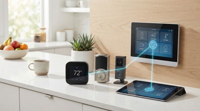 Smart home devices including thermostat, smart lock, and security panel on a kitchen counter