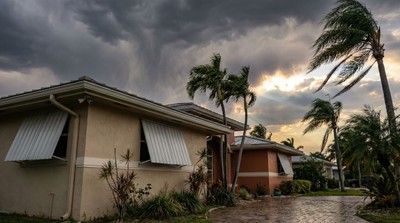 Florida home with hurricane shutters and security camera, dramatic sky with palm trees