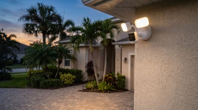 Floodlight camera illuminating a Florida home's exterior at dusk