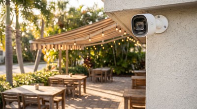 Commercial security camera on office building exterior
