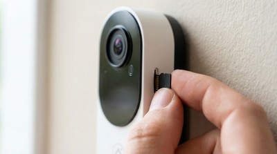 MicroSD card being inserted into Alarm.com doorbell camera