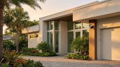 Modern Florida home exterior with security camera and motion sensor lighting at sunset