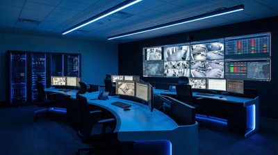 Professional security monitoring center with multiple screens showing camera feeds and alarm system dashboards