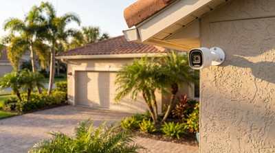 Outdoor bullet security camera mounted on a Florida home