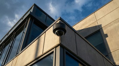 Black Alarm.com dome camera mounted on corner of modern corporate building