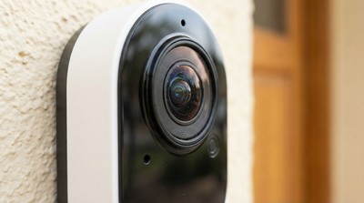 Close-up of Alarm.com VDB775 doorbell camera HD lens