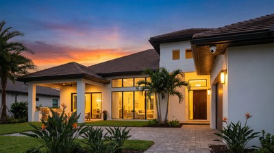 Modern Florida home with security system at dusk