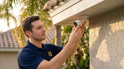 Dehart technician installing a commercial security camera at a Florida business