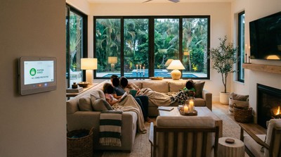 Modern Florida home living room with a security panel on the wall showing protected status