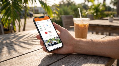 Business owner viewing commercial security cameras on the Alarm.com app