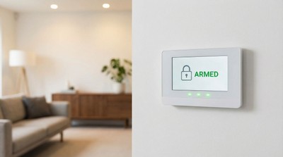 Modern home security control panel showing armed status on a white wall