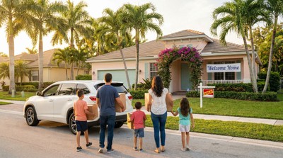 Family arriving at new Florida home with moving boxes and palm trees