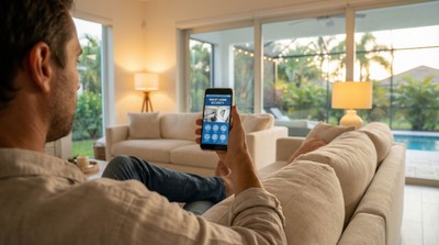 Person checking smart home security app on phone while relaxing on couch in a modern Florida home with palm trees visible through windows