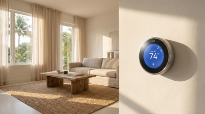 Smart thermostat on wall in a bright Florida living room