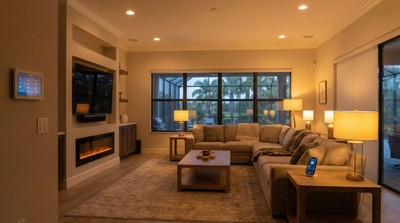Modern living room with smart ambient lighting in a Florida home