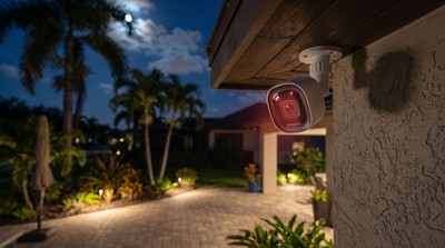 Commercial security camera with night vision covering a Florida parking lot