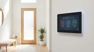 Modern security system touchscreen panel mounted on wall near the front door of a new home