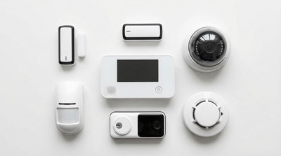 Security system components including door sensors, motion detectors, and a control panel