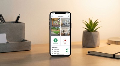 Smartphone displaying Alarm.com smart home security app dashboard