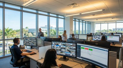 Dehart operators monitoring business security systems in a bright Florida office