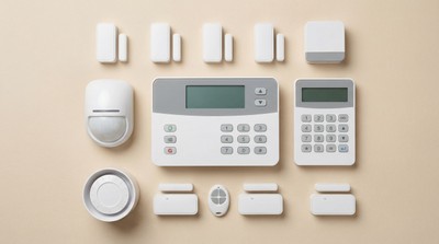 Home alarm system components laid out including control panel, keypad, door sensors, motion detector, siren, and key fob