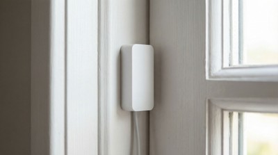Door contact sensor installed on a white door frame, showing the small rectangular device that detects when the door opens
