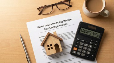 Home insurance documents on desk with small model house and calculator showing cost savings analysis