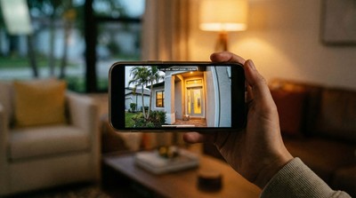 Person using Alarm.com app to view security camera feed of their front door
