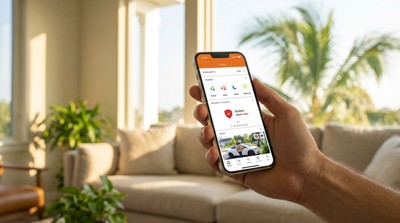 Alarm.com app on a smartphone in a Florida living room