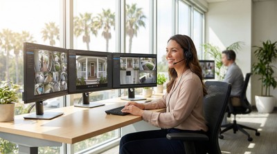 Professional monitoring center operator viewing doorbell camera feeds