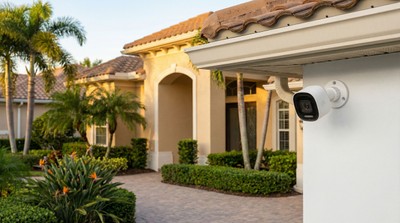 Alarm.com outdoor security camera mounted on upscale Florida home