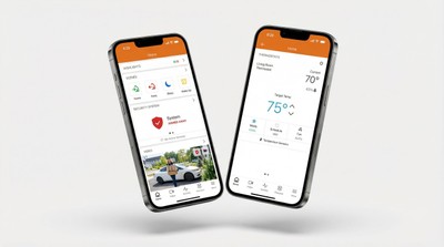 Alarm.com app on two phones showing smart home controls and thermostat