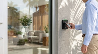 Employee tapping access card on reader at a Sarasota office entrance