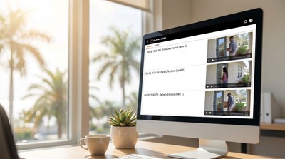 Access events log paired with video clip thumbnails on a desktop monitor