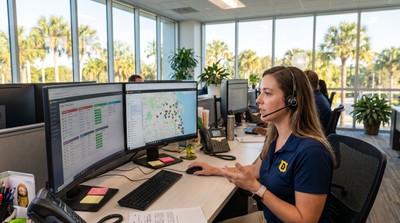 Dehart operators monitoring business security systems in a bright Florida office