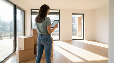 Person reviewing home security checklist on tablet in new home with moving boxes