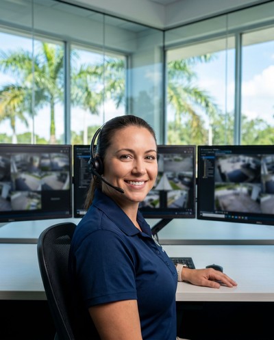 Friendly Dehart monitoring operator watching commercial security camera feeds in a bright Florida monitoring center